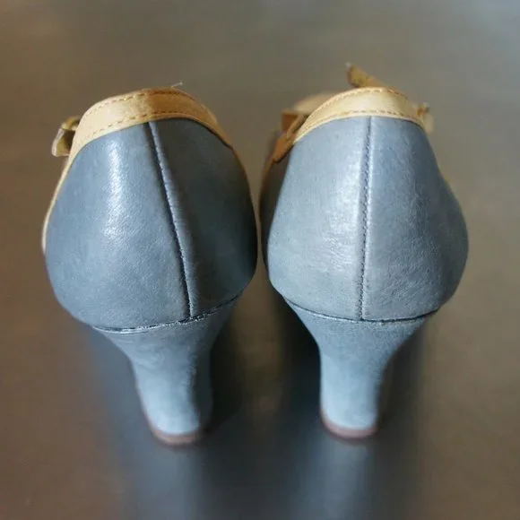 Anthropologie Seychelles Leather Grey Yellow T-Strap Mary Jane Shoes Wedges 9.5 - Picture 3 of 6